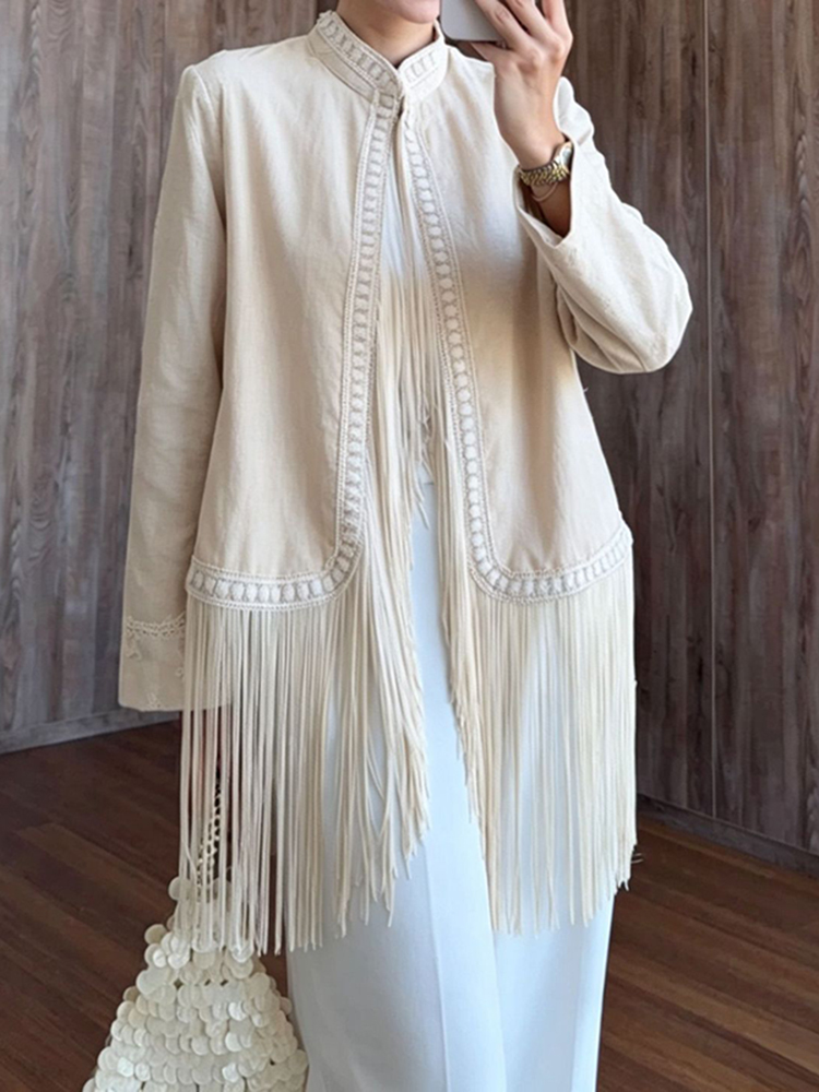 Tassel Fringe Trim - Top met geborduurde rand, opstaande kraag,