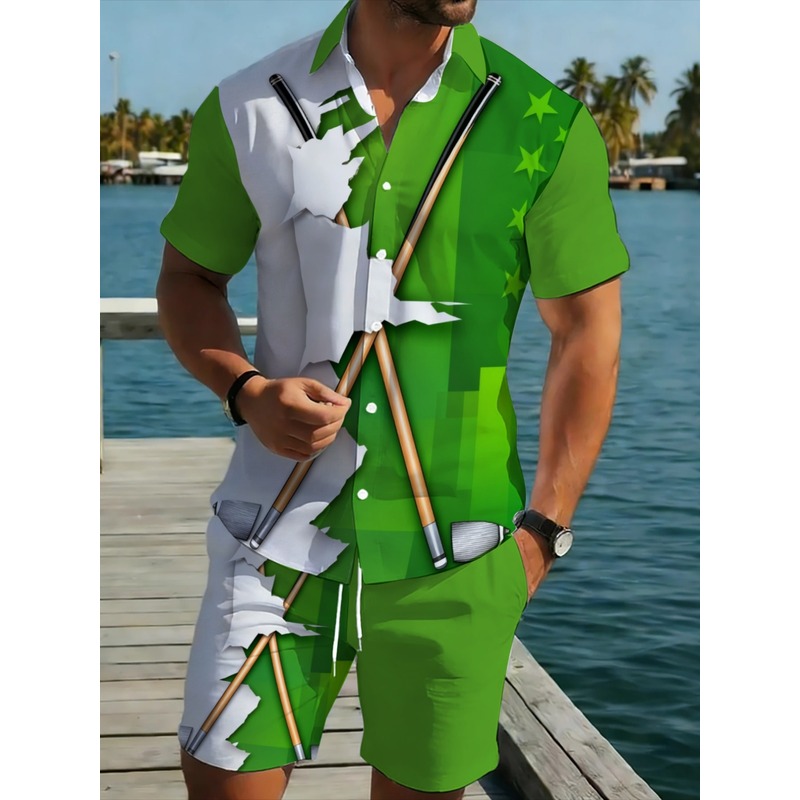 Embellish Knit - Herenset lichtgewicht casual groen-witte polyester shirt